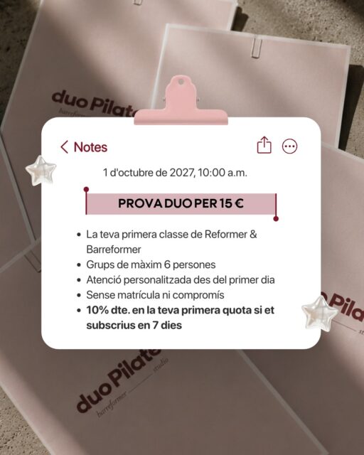 𝗟𝗮 𝘁𝗲𝘃𝗮 𝗽𝗿𝗶𝗺𝗲𝗿𝗮 𝘃𝗲𝗴𝗮𝗱𝗮 𝗮 𝗱𝘂𝗼, 𝗽𝗲𝗿 𝟭𝟱 € 🤍

Vine a conèixer l'estudi, prova el reformer i descobreix com se sent entrenar a duo. I si t'agrada — que sabem que sí — tens un 10 % de descompte en la teva primera quota si et subscrius en els 7 dies següents.

📲 Escriu-nos per WhatsApp i reserva la teva primera classe: +34 691 78 39 36.

#Pilates #ReformerPilates #Barreformer