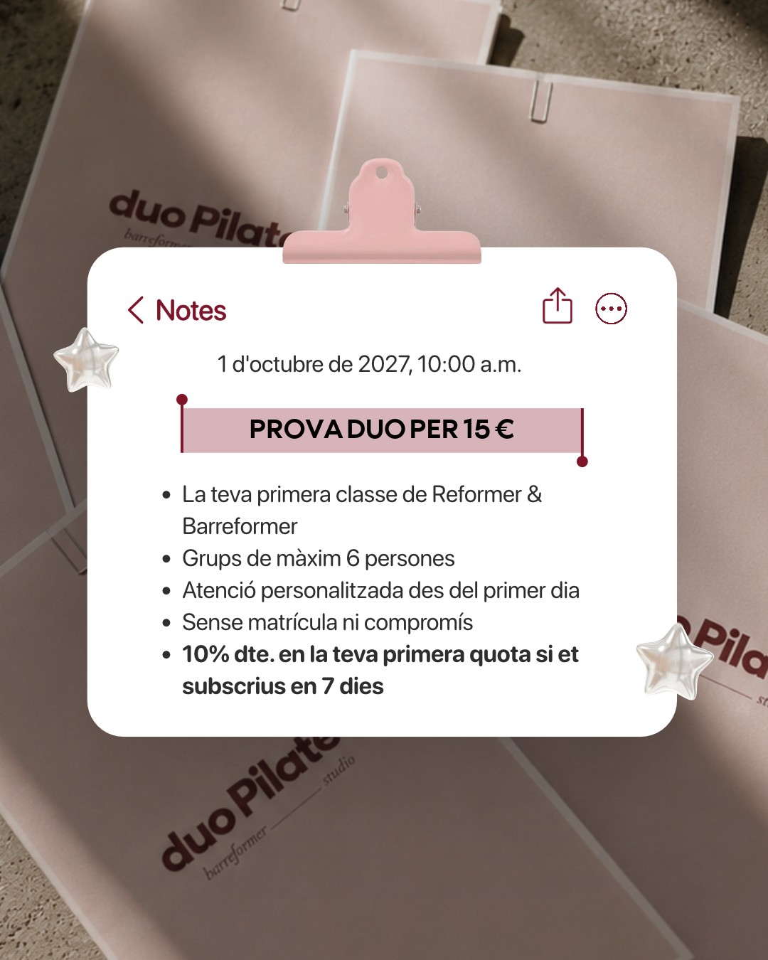 𝗟𝗮 𝘁𝗲𝘃𝗮 𝗽𝗿𝗶𝗺𝗲𝗿𝗮 𝘃𝗲𝗴𝗮𝗱𝗮 𝗮 𝗱𝘂𝗼, 𝗽𝗲𝗿 𝟭𝟱 € 🤍

Vine a conèixer l'estudi, prova el reformer i descobreix com se sent entrenar a duo. I si t'agrada — que sabem que sí — tens un 10 % de descompte en la teva primera quota si et subscrius en els 7 dies següents.

📲 Escriu-nos per WhatsApp i reserva la teva primera classe: +34 691 78 39 36.

#Pilates #ReformerPilates #Barreformer